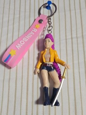 K-pop Pink Rainbow Keychain with Purple-Haired Sword Girl